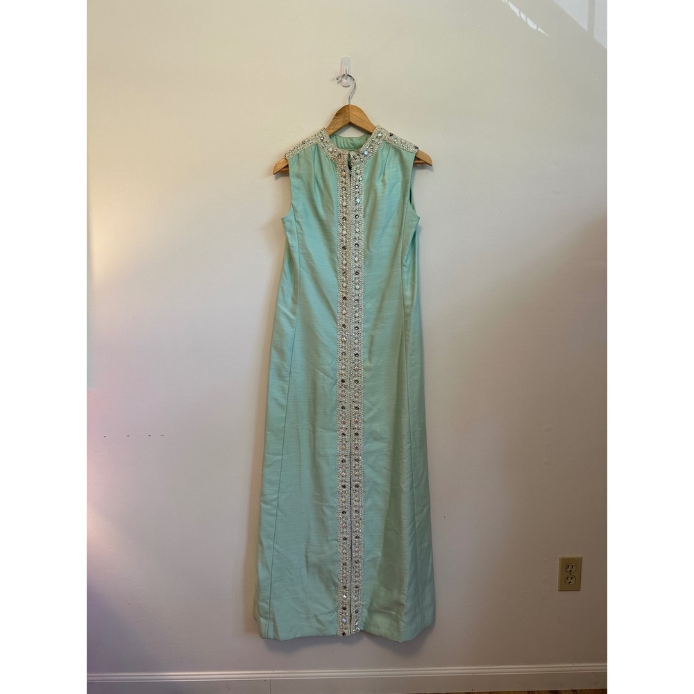 Vintage 1970s Handmade Mint Green Beaded Sleeveless Maxi Dress